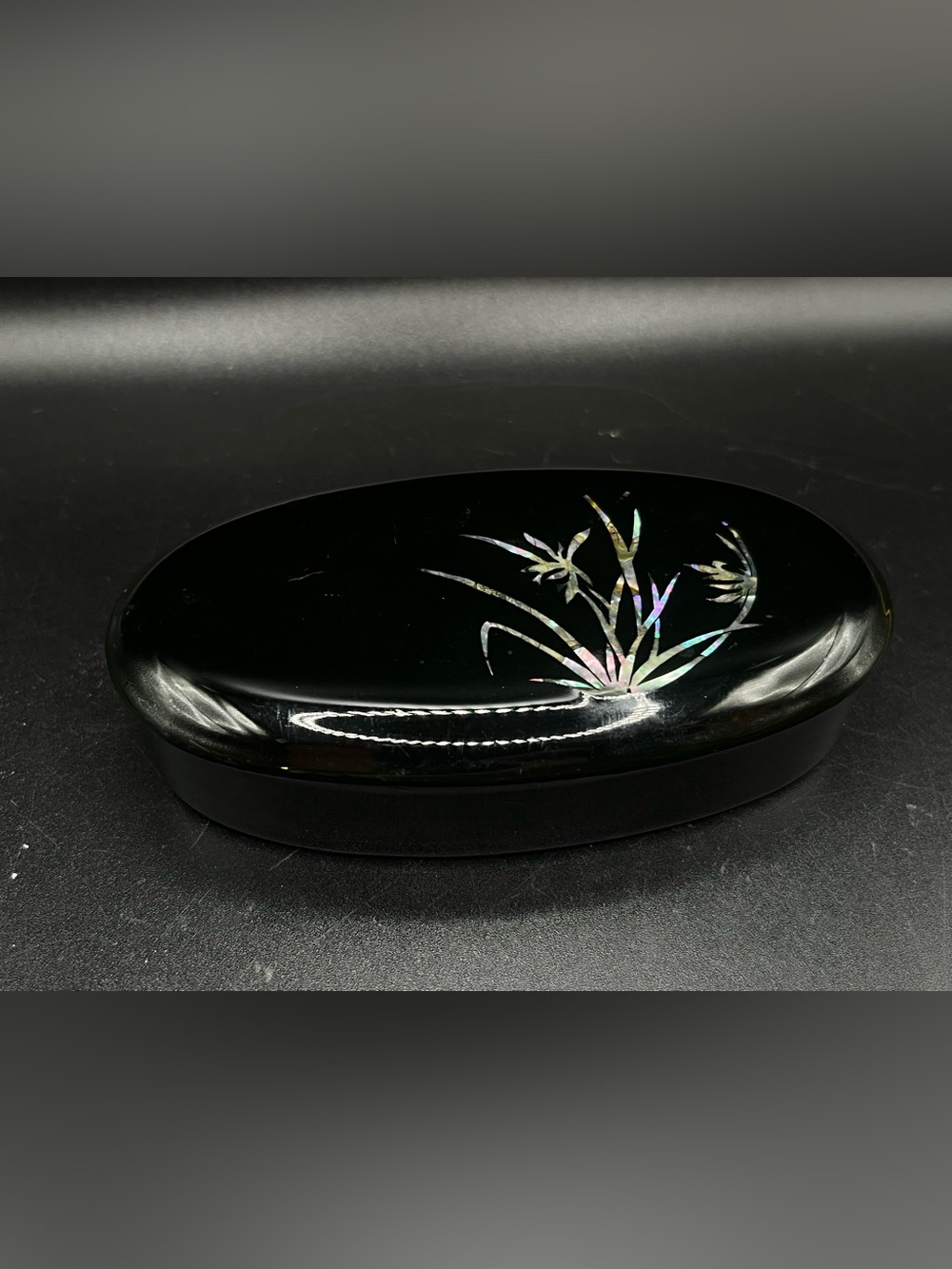 Vintage Black Lacquer Jewelry Box with Iridescent Shell Inlay